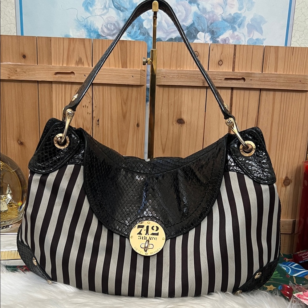 Henri Bendel 712 5th Avenue hobo bag with black and white stripes